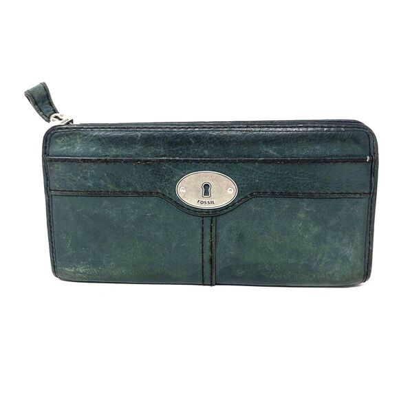 FOSSIL Marlow Pebbled Leather Zip Around Wallet Green w/Silver Key Hole Logo - Picture 2 of 13